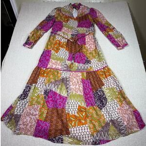 Fate Women Small Pink Patchwork A Line Midi Pullover Boho Artsy Lagenlook Dress